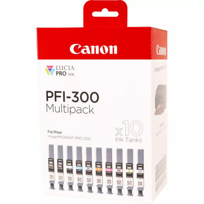 Originálny atrament Canon PFI-300 MBK/PBK/CO/GY/R/C/M/Y/PC/PM (4192C008), 600 strán (16 ml), Multipack
