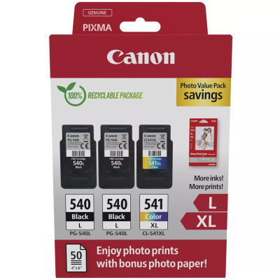 Originálny atrament Canon PG-540L x2/CL-541XL (5224B015), čierny/farebný, 2x 300/400 strán (2x 11 + 15 ml), Multipack + Photo Paper Value Pack