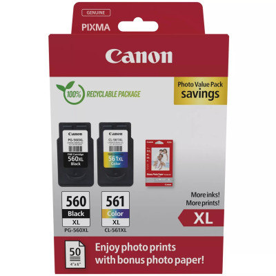 Originálny atrament Canon PG-560XL/CL-561XL (3712C008), čierny/farebný, 2-pack XL +PP-201 50 listů
